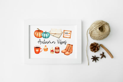 Autumn vibes, autumn favourites, blue orange accessories landscape unframed wall art poster print