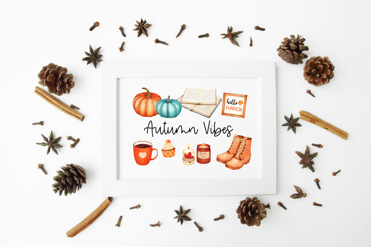 Autumn vibes, autumn favourites, blue orange accessories landscape unframed wall art poster print