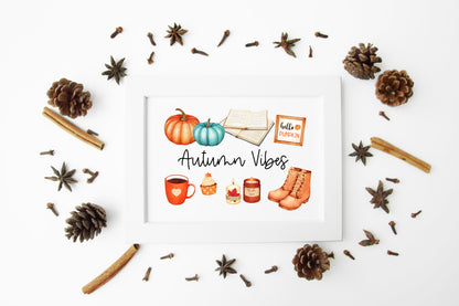 Autumn vibes, autumn favourites, blue orange accessories landscape unframed wall art poster print