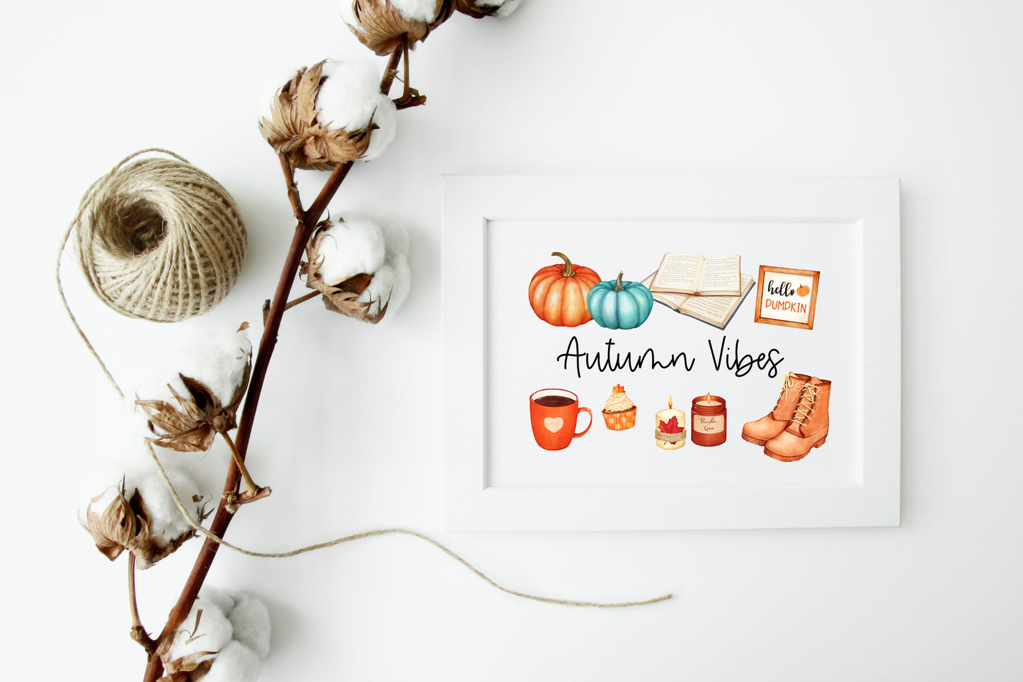 Autumn vibes, autumn favourites, blue orange accessories landscape unframed wall art poster print