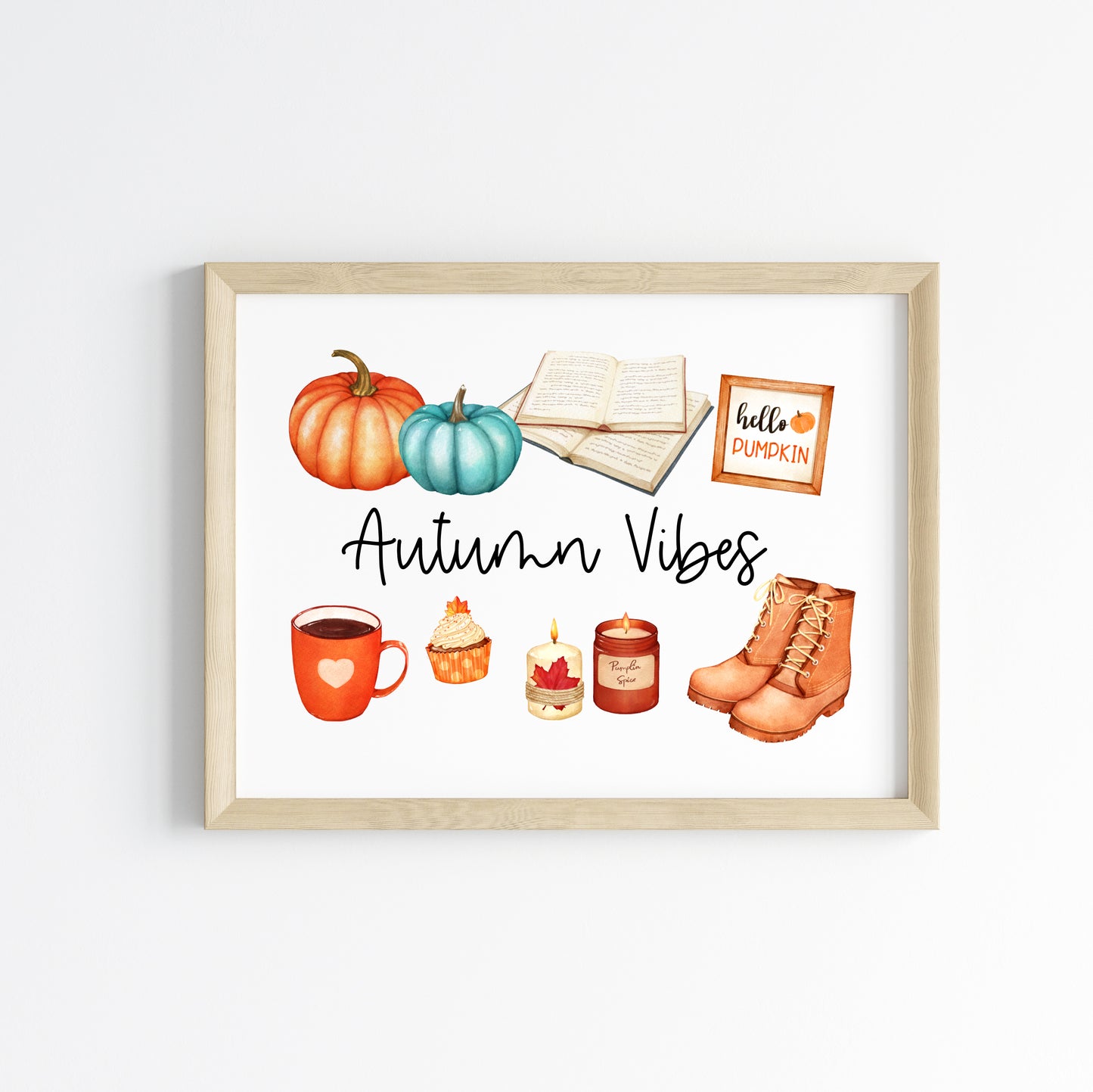 Autumn vibes, autumn favourites, blue orange accessories landscape unframed wall art poster print