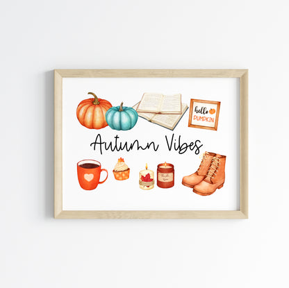 Autumn vibes, autumn favourites, blue orange accessories landscape unframed wall art poster print
