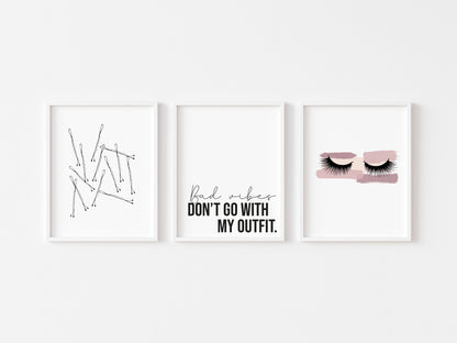 Set of 3 fashion prints, Bad vibes don't go with my outfit pink smudge eyelashes and bobby pins unframed prints