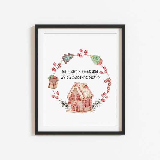 Let's bake goodies and watch Christmas movies, watercolour gingerbread wreath xmas seasonal unframed wall art poster print