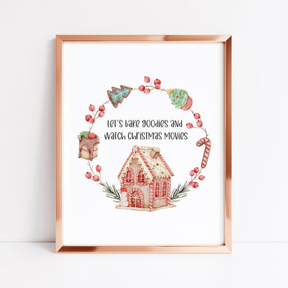 Let's bake goodies and watch Christmas movies, watercolour gingerbread wreath xmas seasonal unframed wall art poster print