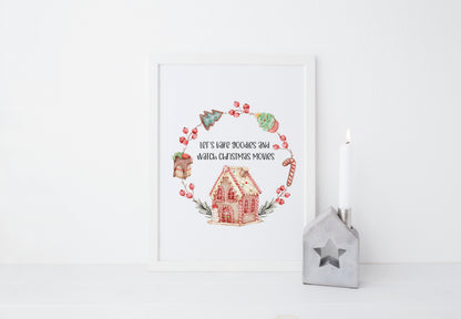 Let's bake goodies and watch Christmas movies, watercolour gingerbread wreath xmas seasonal unframed wall art poster print