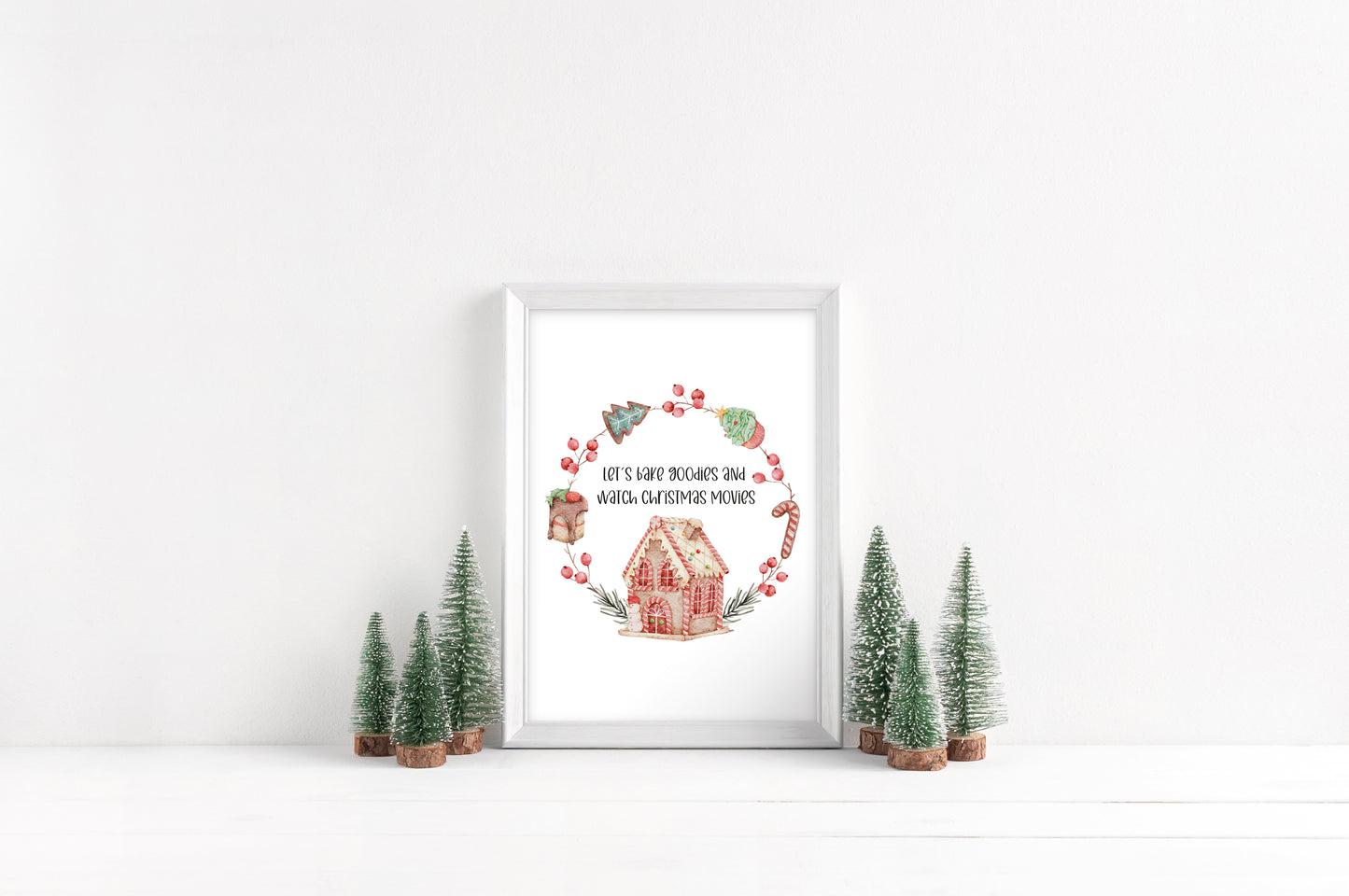Let's bake goodies and watch Christmas movies, watercolour gingerbread wreath xmas seasonal unframed wall art poster print