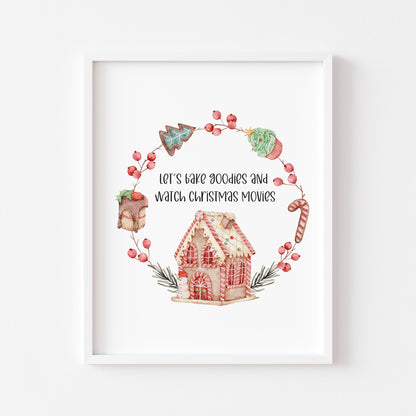 Let's bake goodies and watch Christmas movies, watercolour gingerbread wreath xmas seasonal unframed wall art poster print