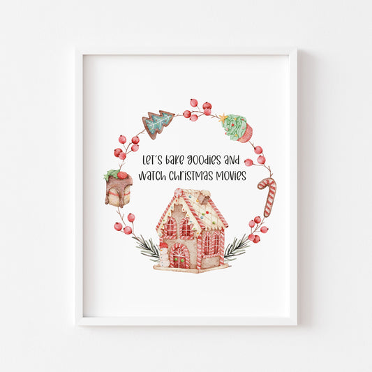 Let's bake goodies and watch Christmas movies, watercolour gingerbread wreath xmas seasonal unframed wall art poster print