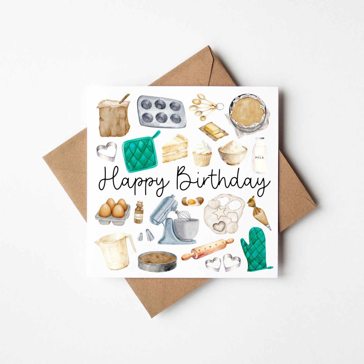 Baking Birthday Card, pink sweet Baker watercolour Birthday Card with envelope