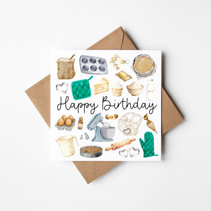 Baking Birthday Card, pink sweet Baker watercolour Birthday Card with envelope