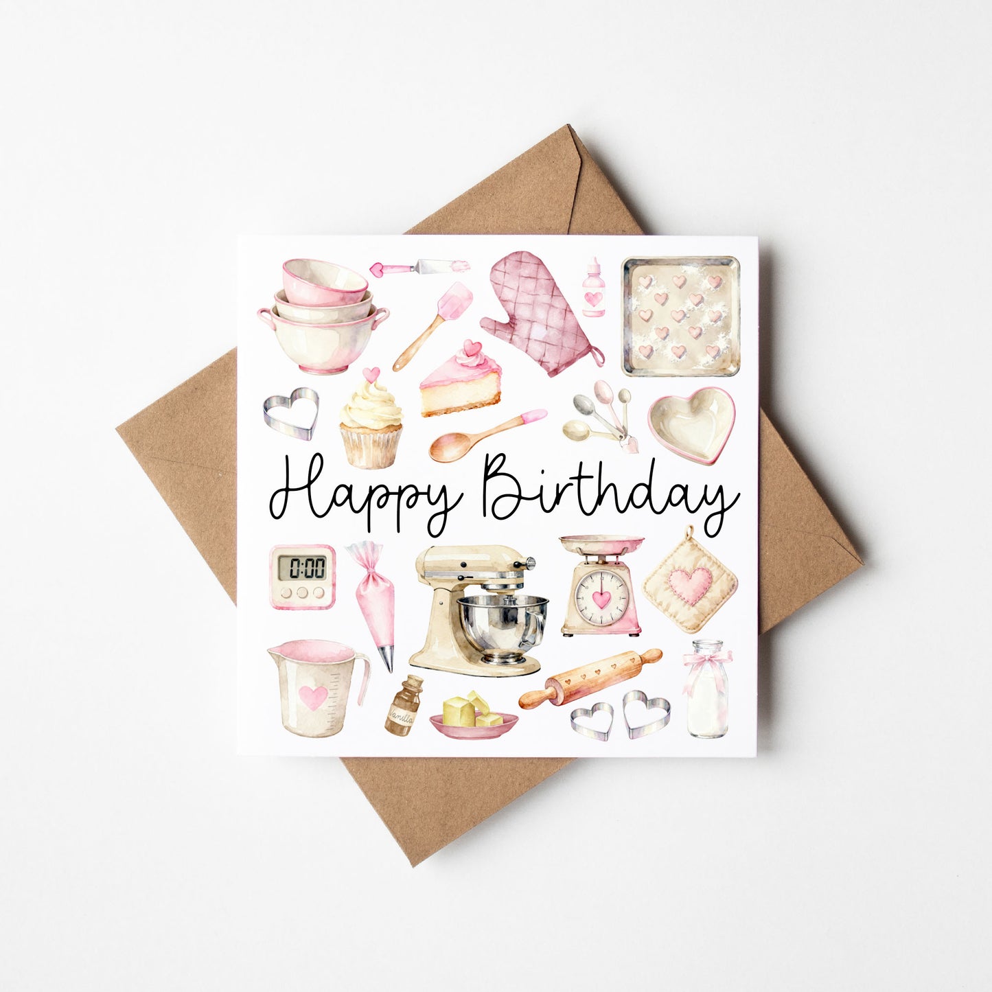 Baking Birthday Card, pink sweet Baker watercolour Birthday Card with envelope