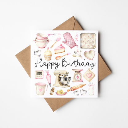 Baking Birthday Card, pink sweet Baker watercolour Birthday Card with envelope