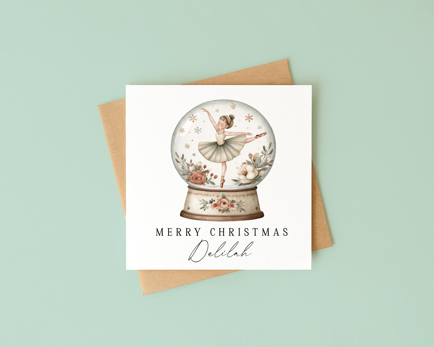 Kids Christmas Card personalised dancing ballerina snow globe with envelope