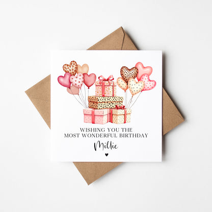 Personalised Pink Leopard print Balloons Birthday Card for Girls, Daughter, friends with envelope