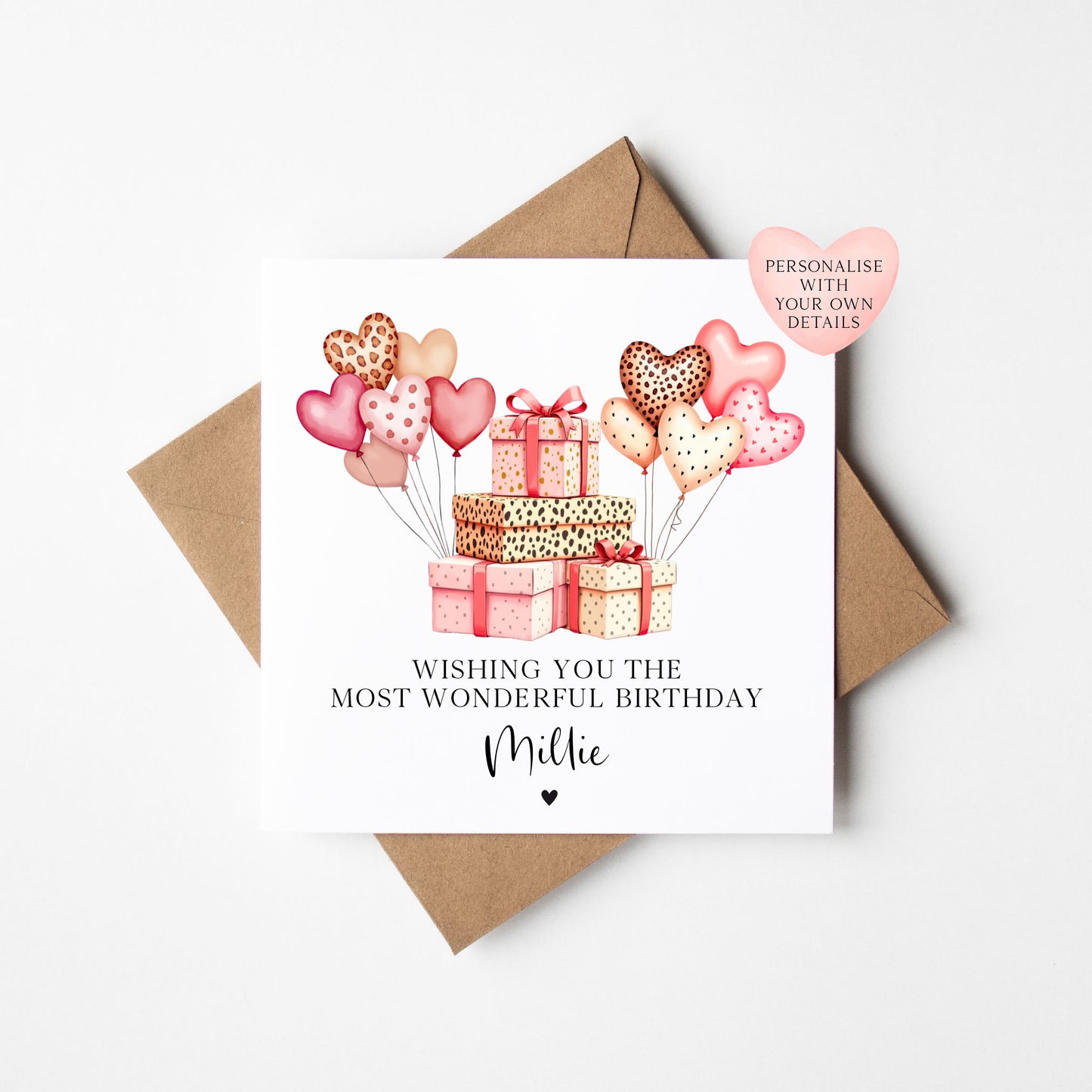 Personalised Pink Leopard print Balloons Birthday Card for Girls, Daughter, friends with envelope