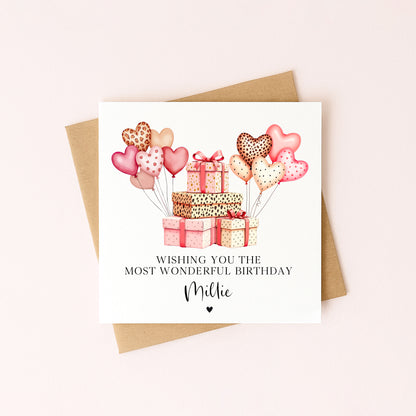 Personalised Pink Leopard print Balloons Birthday Card for Girls, Daughter, friends with envelope