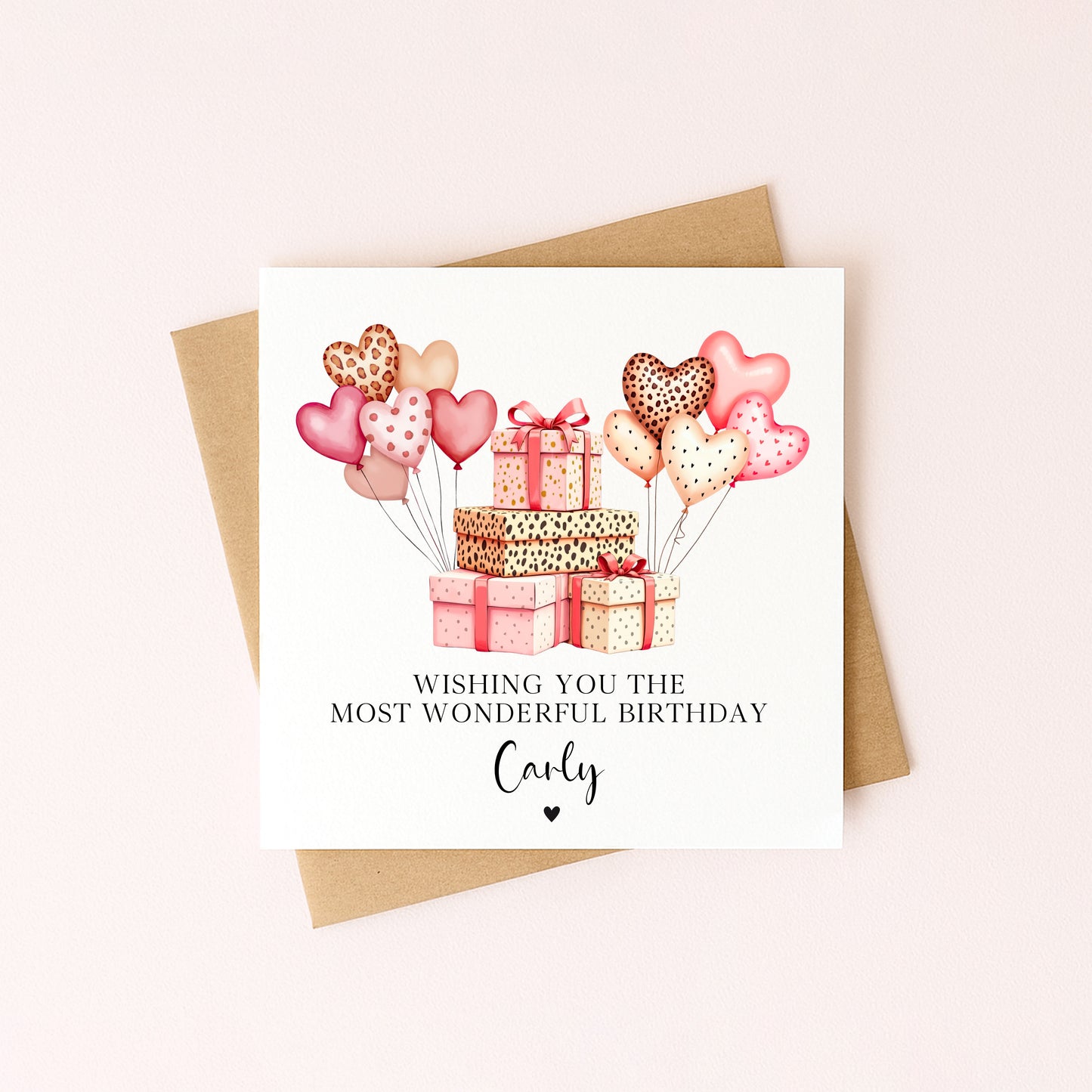 Personalised Pink Leopard print Balloons Birthday Card for Girls, Daughter, friends with envelope