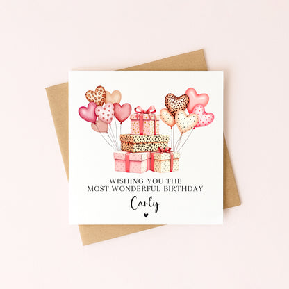 Personalised Pink Leopard print Balloons Birthday Card for Girls, Daughter, friends with envelope