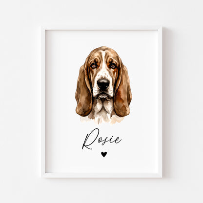 Personalised Basset Hound Dog Print Custom Name Pet portrait watercolour unframed wall art poster