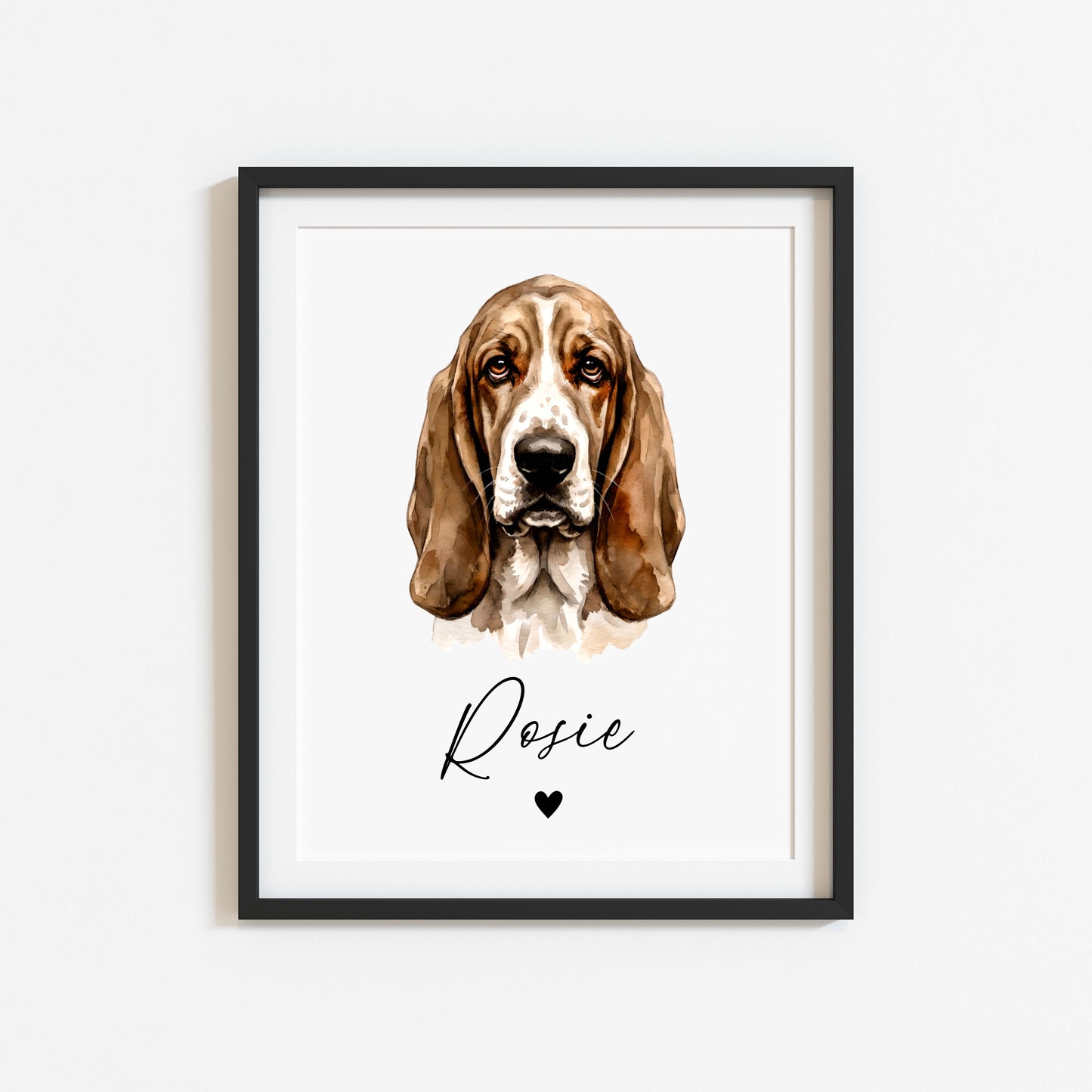Personalised Basset Hound Dog Print Custom Name Pet portrait watercolour unframed wall art poster
