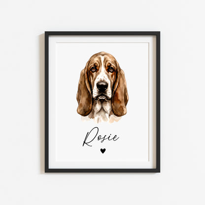 Personalised Basset Hound Dog Print Custom Name Pet portrait watercolour unframed wall art poster