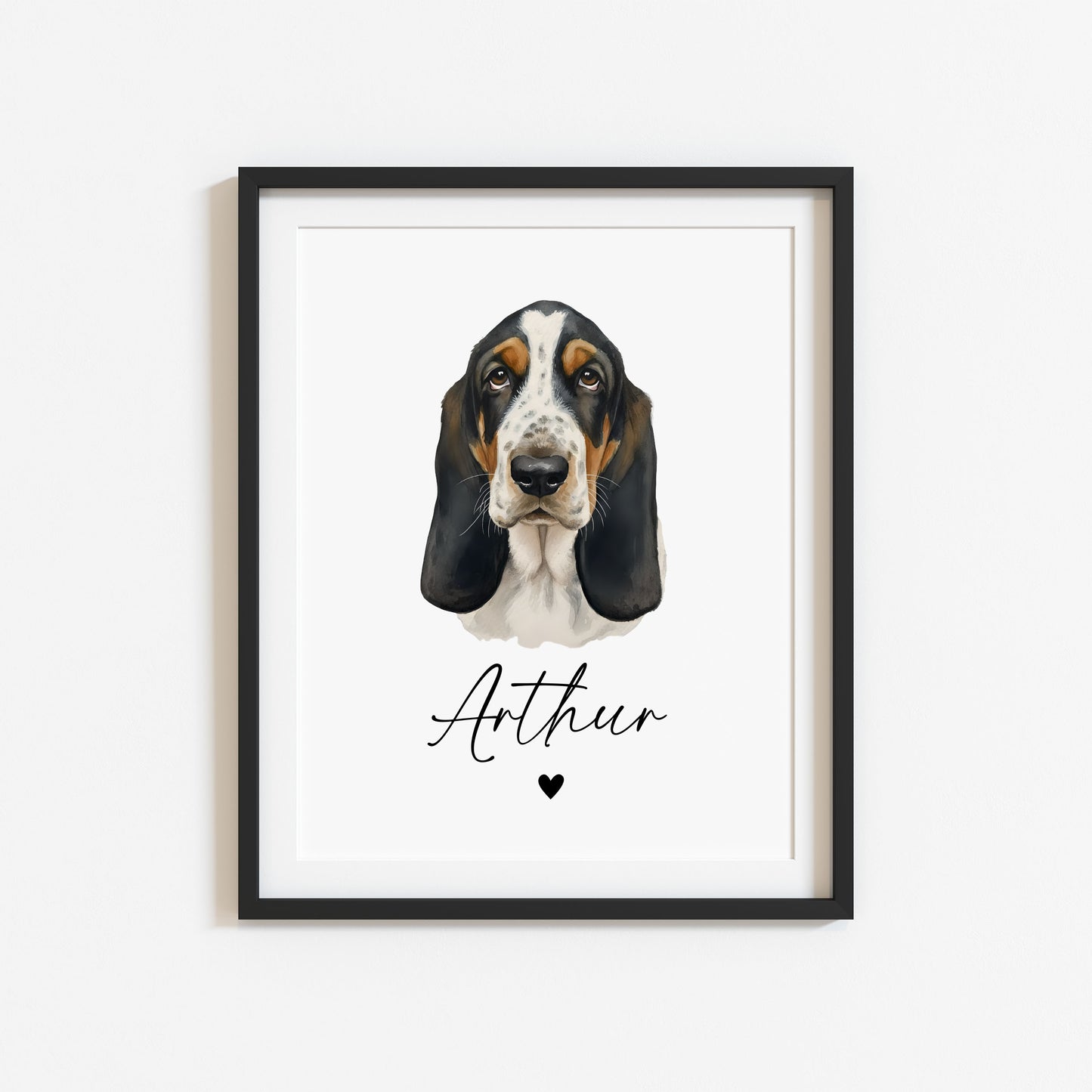 Personalised Basset Hound Dog Print Custom Name Pet portrait watercolour unframed wall art poster