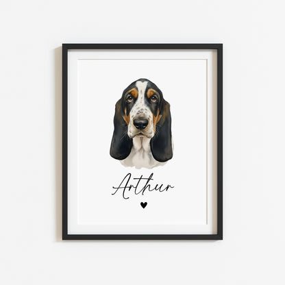 Personalised Basset Hound Dog Print Custom Name Pet portrait watercolour unframed wall art poster