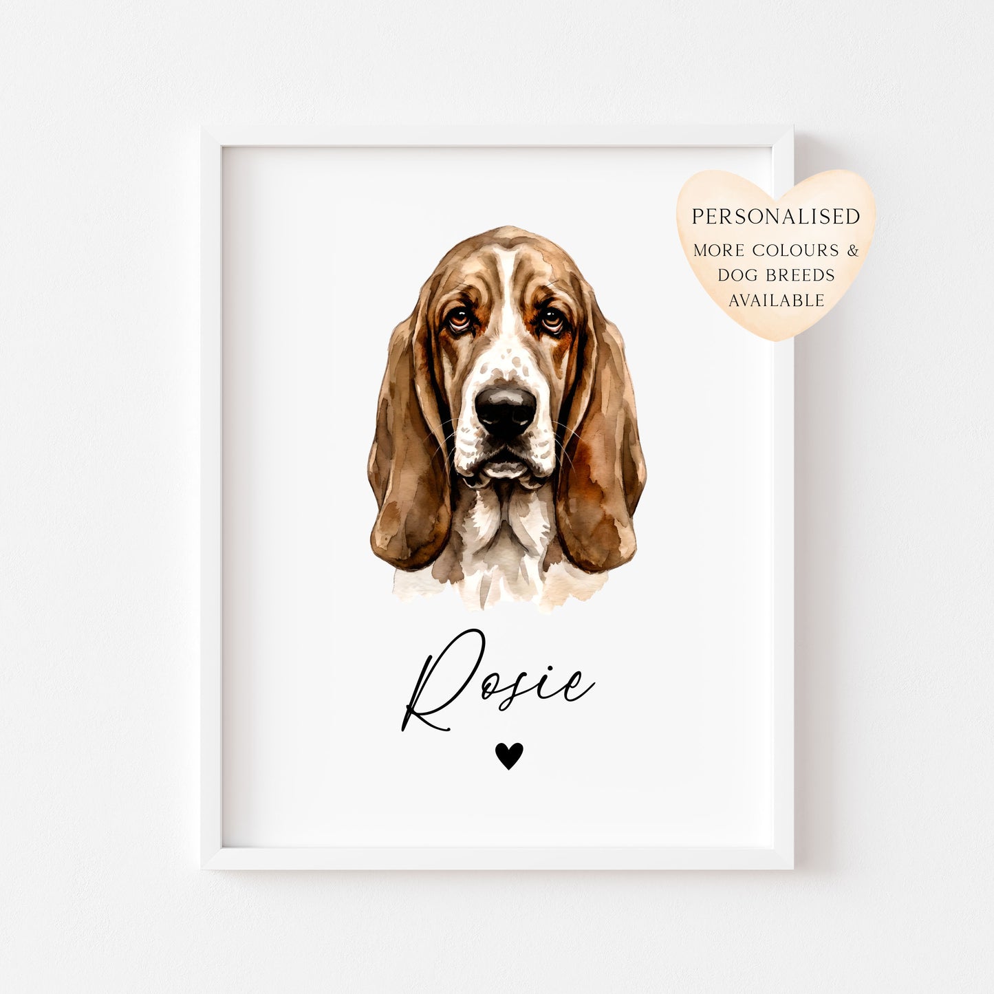 Personalised Basset Hound Dog Print Custom Name Pet portrait watercolour unframed wall art poster