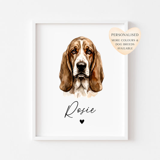 Personalised Basset Hound Dog Print Custom Name Pet portrait watercolour unframed wall art poster