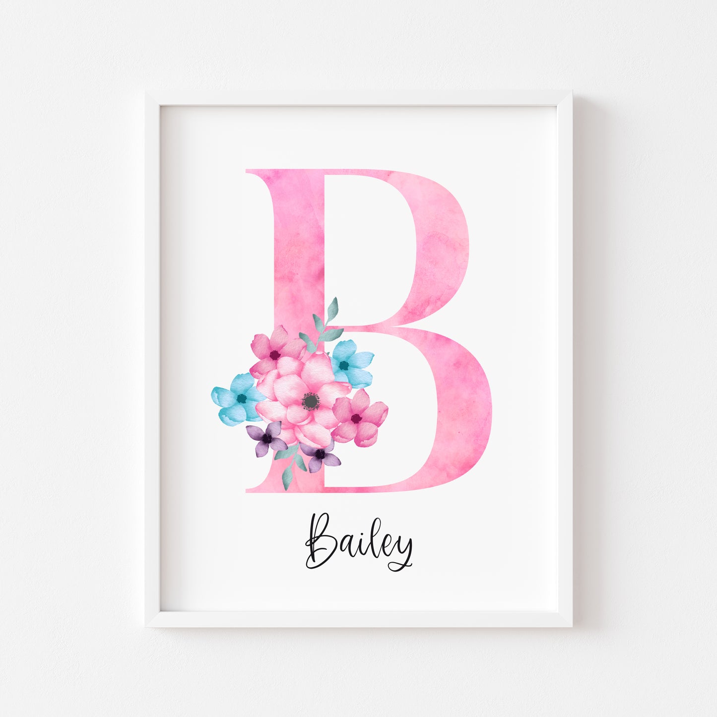 Personalised initial name print, pink & blue watercolour floral initial illustration nursery unframed print