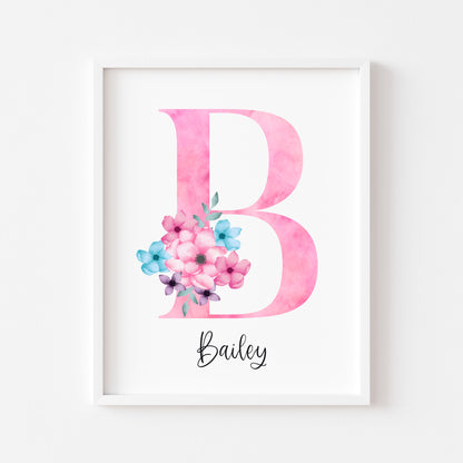 Personalised initial name print, pink & blue watercolour floral initial illustration nursery unframed print