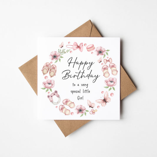 Pink Girls Birthday card watercolour pink butterflies flowers shoes & toys Design with Kraft Envelope