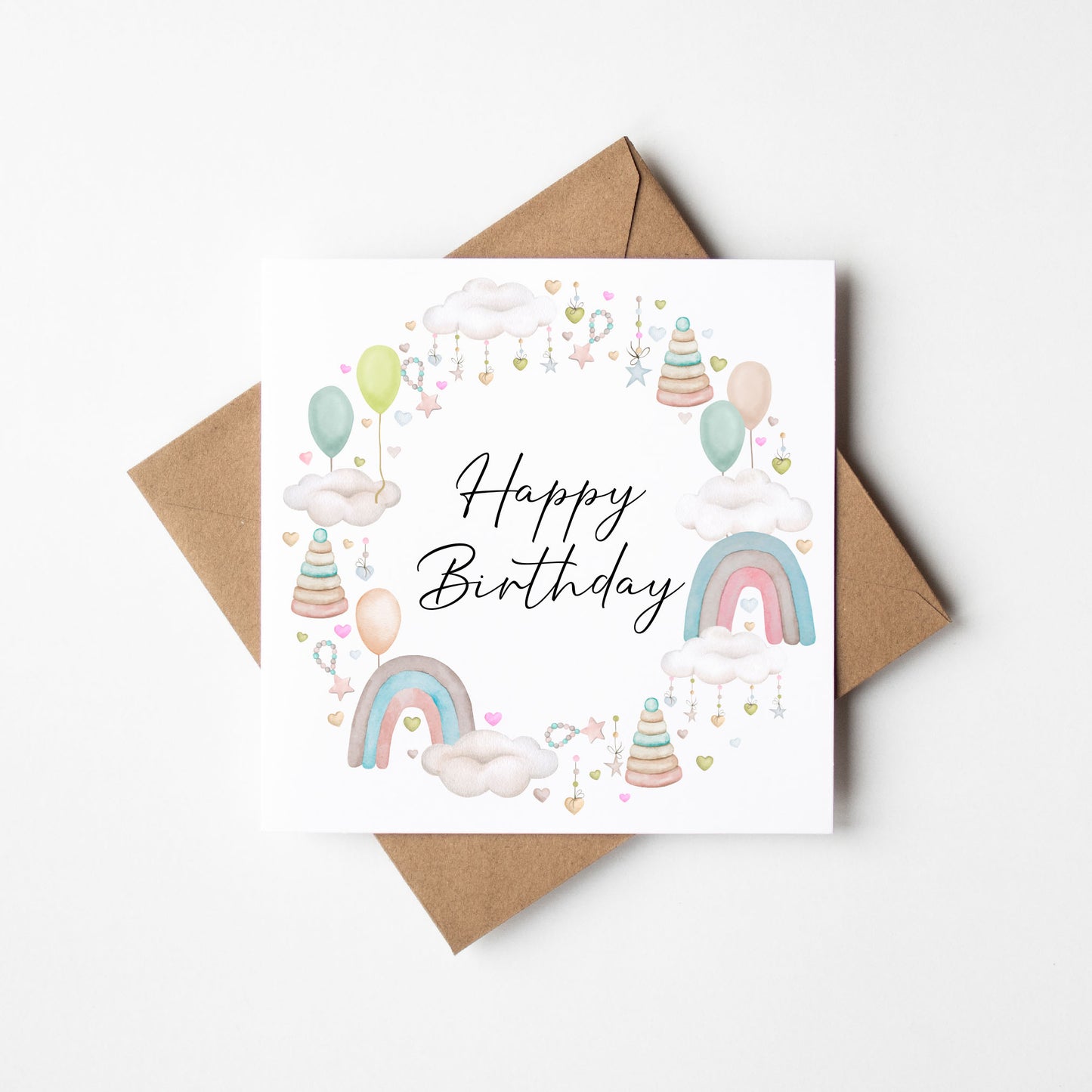 Kids pastel Birthday Card Watercolour clouds balloons & toys Design with Kraft Envelope