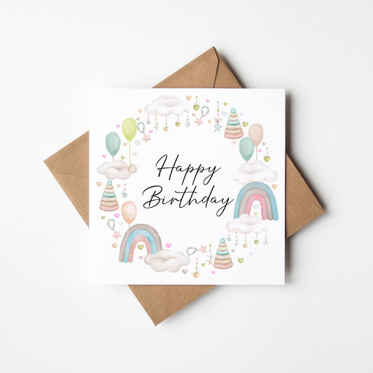 Kids pastel Birthday Card Watercolour clouds balloons & toys Design with Kraft Envelope
