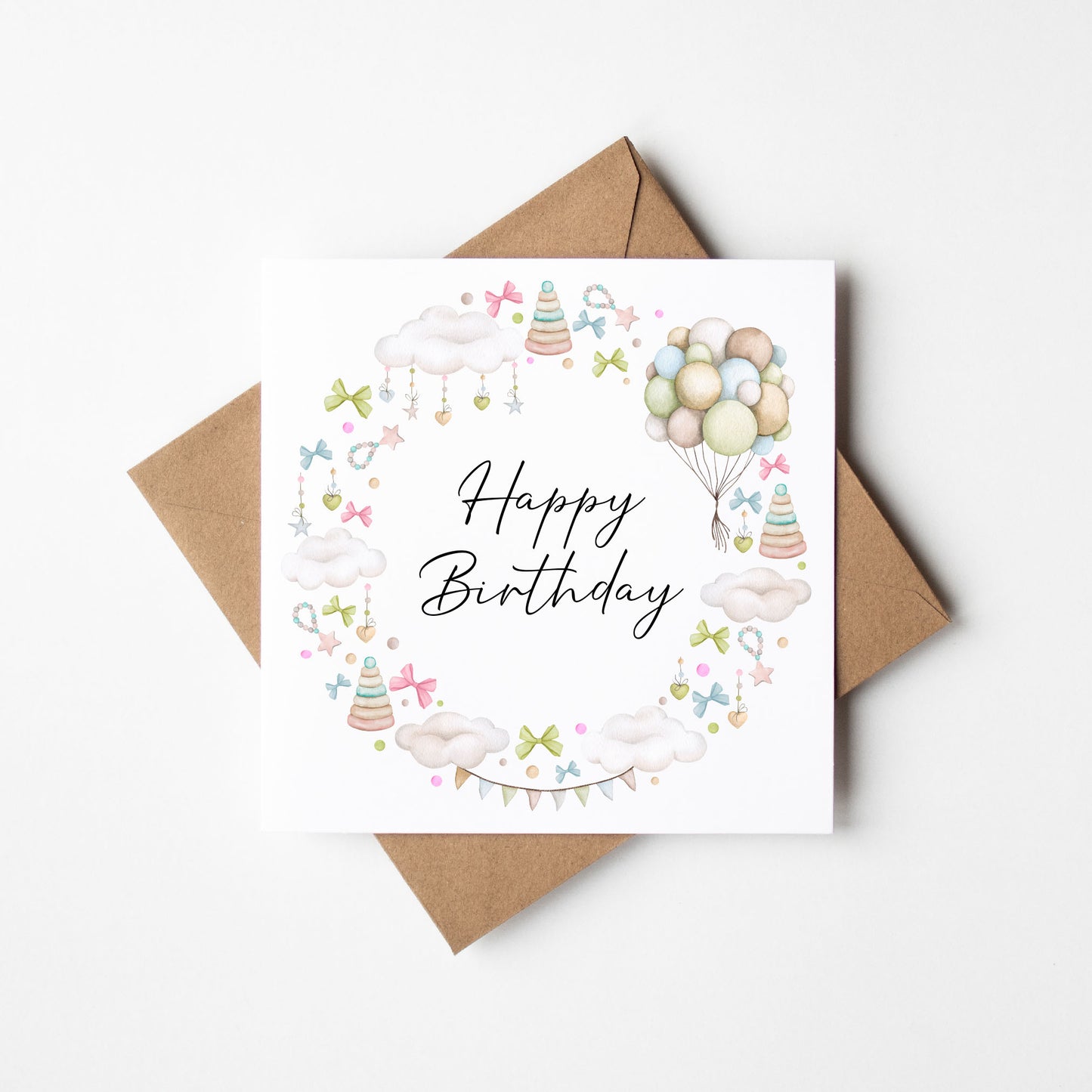 Kids pastel Birthday Card Watercolour clouds balloons & toys Design with Kraft Envelope
