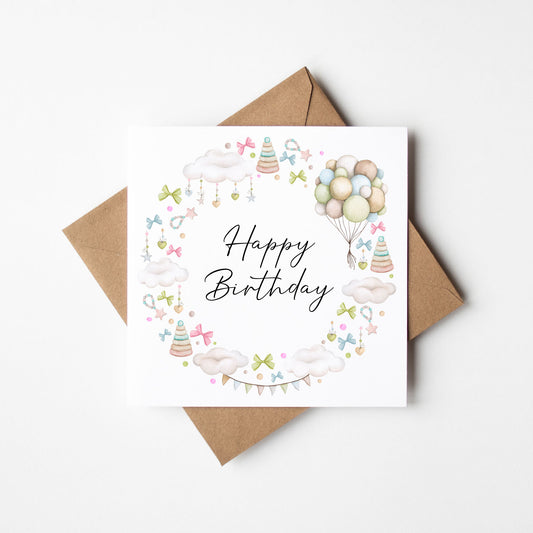 Kids pastel Birthday Card Watercolour clouds balloons & toys Design with Kraft Envelope