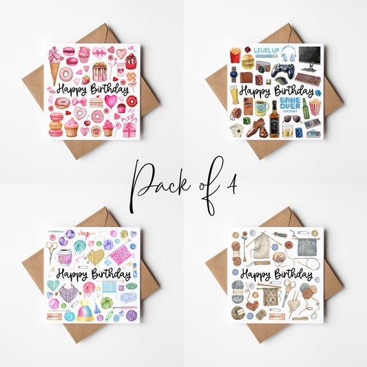 Birthday Cards Pack of 4 - Sweets, Gaming & Craft Themed Happy Birthday Card Set