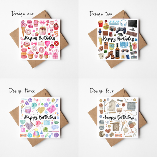 Birthday Cards Pack of 4 - Sweets, Gaming & Craft Themed Happy Birthday Card Set