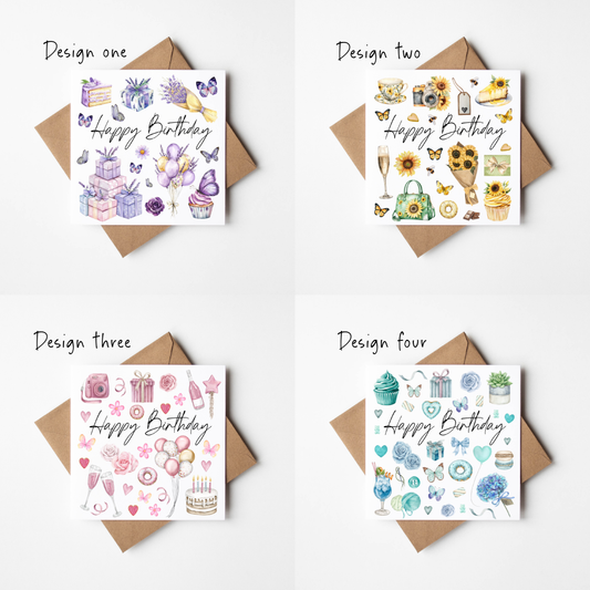 Birthday cards Pack of 4 Happy Birthday individual styles, floral roses sunflowers blue purple pink colour themed  cards with envelopes