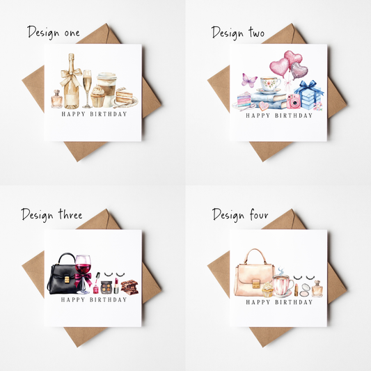 Luxury Birthday Cards Pack of 4 - Chic Fashion watercolour set with envelopes