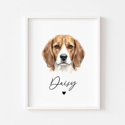 Personalised Beagle Dog Print Custom Name Pet portrait watercolour unframed wall art poster