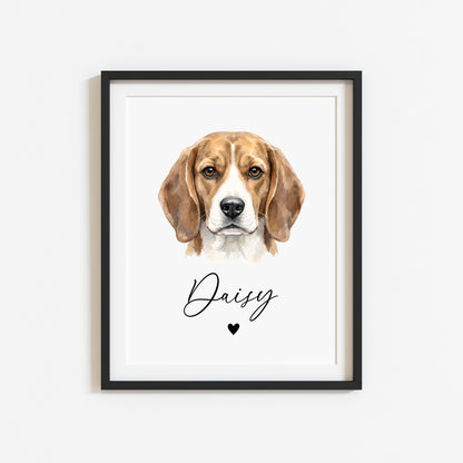Personalised Beagle Dog Print Custom Name Pet portrait watercolour unframed wall art poster
