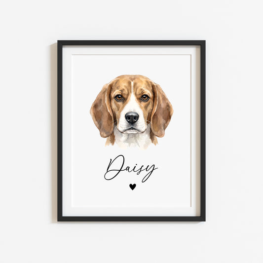 Personalised Beagle Dog Print Custom Name Pet portrait watercolour unframed wall art poster