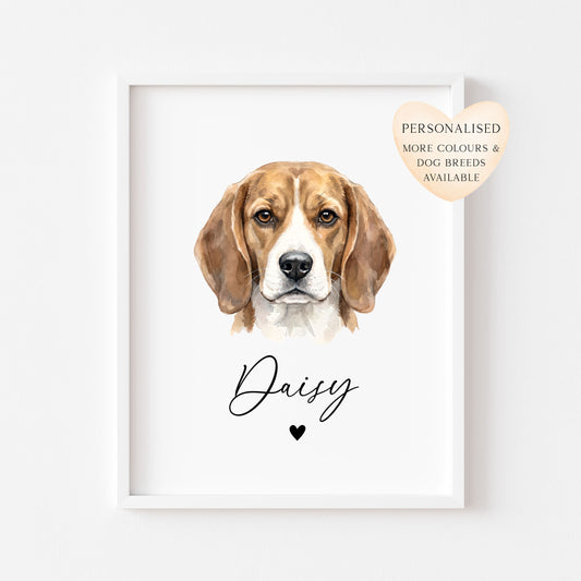 Personalised Beagle Dog Print Custom Name Pet portrait watercolour unframed wall art poster