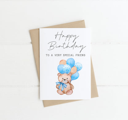 Birthday card happy birthday to a very special friend watercolour blue baby bear & balloons boys card with envelope,kraft brown or white