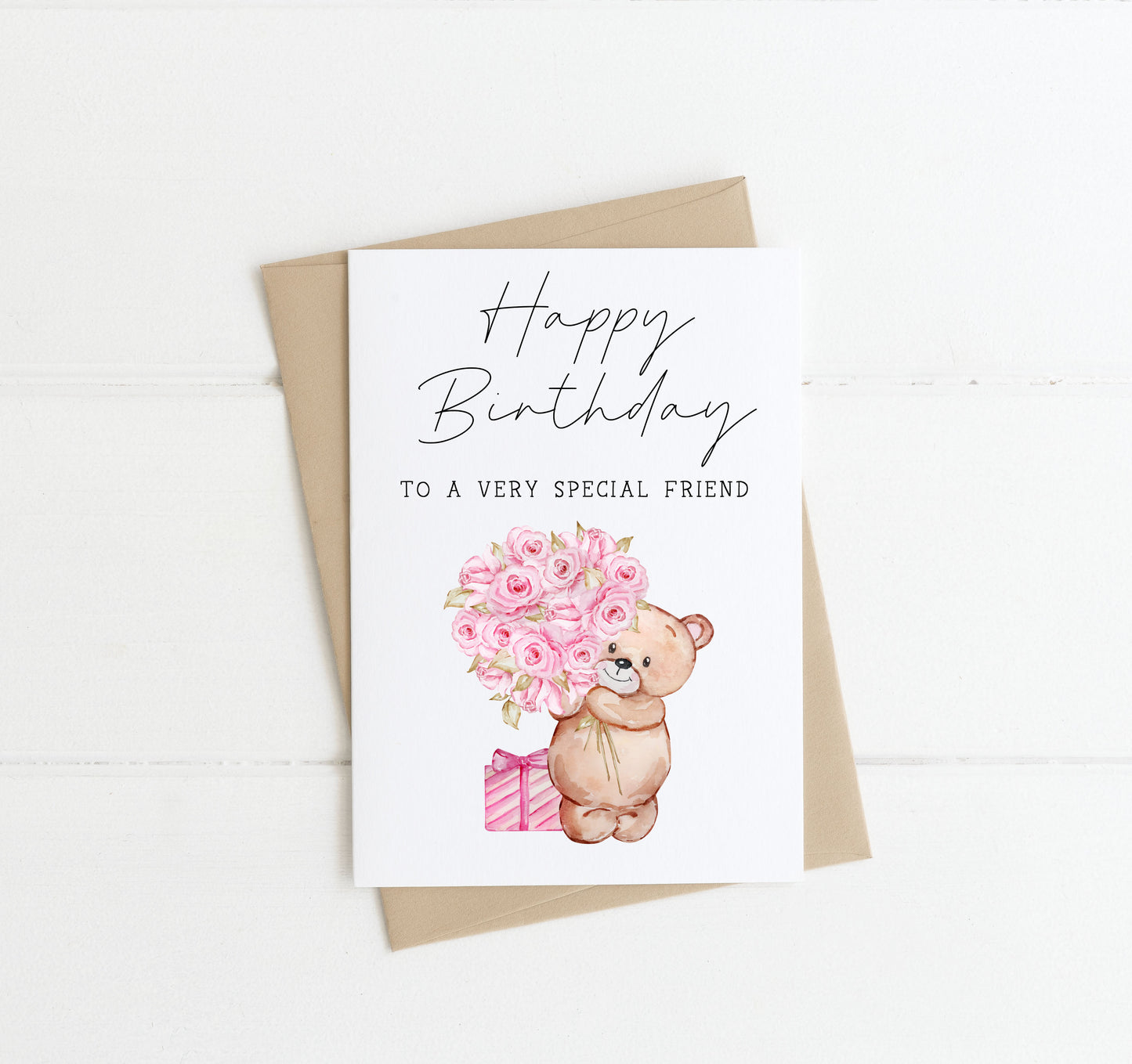 Birthday card happy birthday to a very special friend watercolour pink baby bear & balloons girls card with envelope,kraft brown or white