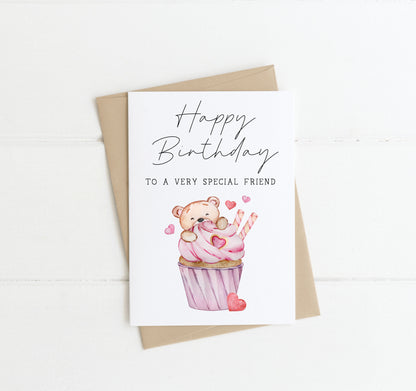 Birthday card happy birthday to a very special friend watercolour pink baby bear cupcake girls card with envelope,kraft brown or white