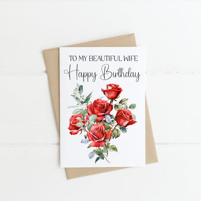 Wife birthday card to my beautiful wife happy birthday wife love couples partner red roses bouquet card with envelope kraft brown/white
