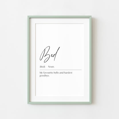 Bed definition, bedroom definition, bedroom unframed wall art poster print